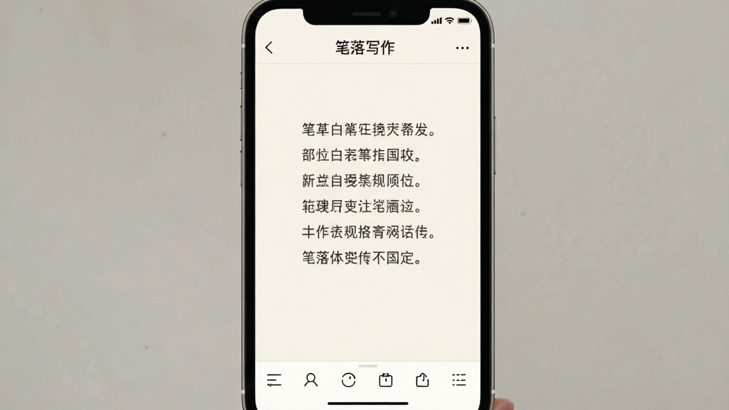 一张手机竖屏界面的高清截图,显示笔落写作APP的编辑主界面,界面以暖白色为基调,顶部有“笔落写作”的字样,正文区域显示着几行工整的中文诗句,下方有简洁的格式工具栏。整体布局干净、素雅,风格偏向极简主义,营造出专注、舒适的写作氛围,画质清晰,无多余元素。