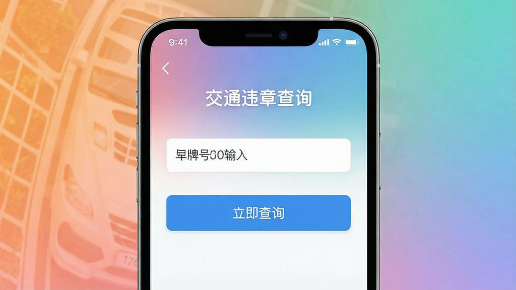 һ��չʾ�����ֻ���Ļ���С���ͨΥ�²�ѯ��APP������ĸ���ͼƬ������������ʾ���ƺ������͡�������ѯ����ť������Ϊ���Ľ���ɫ���������ִ���Լ�����ʸɾ��޶���Ԫ��