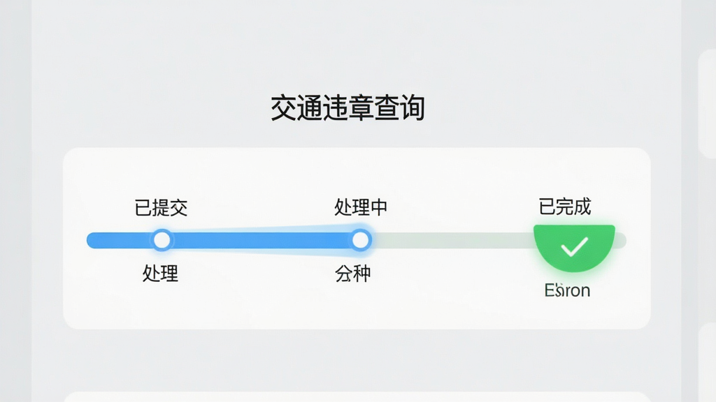 չʾ����ͨΥ�²�ѯ��APP�Ĵ�������ҳ�棬�Խ�������ʽչʾ�����ύ���������С�������ɡ������ڵ㣬��ǰ״̬��������������ֱ�ۣ�����Ϊǳ��ɫ�����ʸɾ�