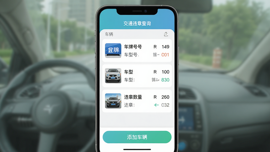 չʾ����ͨΥ�²�ѯ��APP�ĳ����б����棬�б�������������Ϣ��ÿ������ʾ���ƺš����ͺ�Υ���������ײ��С����ӳ�������ť�������࣬ɫ����ˬ�����ʸ�