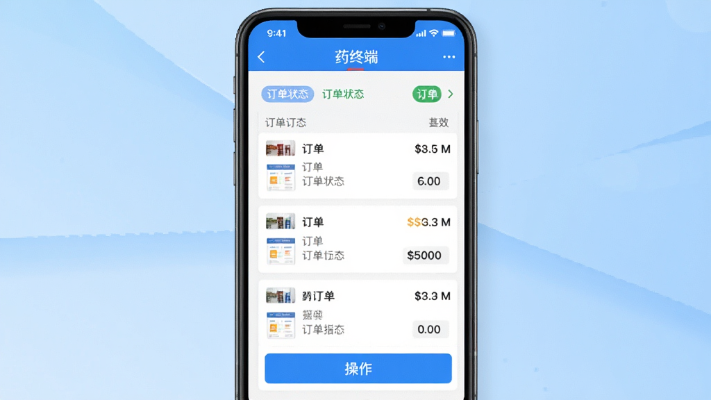 ��������Ϊ��ҩ�նˡ�APP�Ķ������������ͼ���չʾ����Ļ����ʾ�����б�������״̬��ǩ�Ͳ�����ť���������������ɫ����Ϣ�������룬����Ϊ�����ǳ��ɫ���������岼�����������ʸɾ����޶���Ԫ�ء�