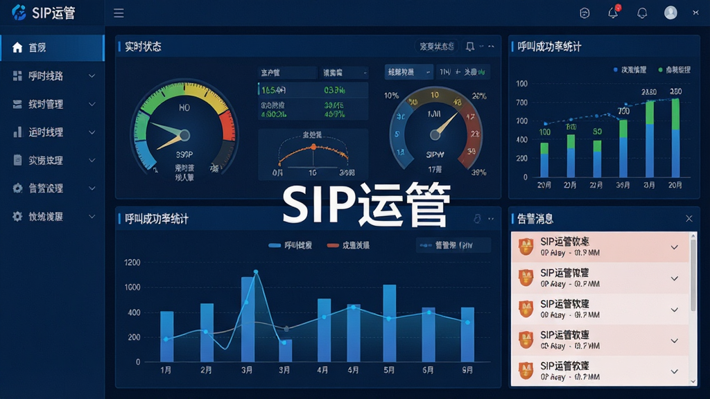 一张展示SIP运管软件主界面的高清截图,界面包含实时线路状态仪表盘、呼叫成功率统计图表、告警消息列表,整体采用深蓝色科技风格,布局简洁,左侧功能菜单清晰可见,屏幕中央显示“SIP运管”字样,画面干净,细节丰富,画质清晰,无多余元素