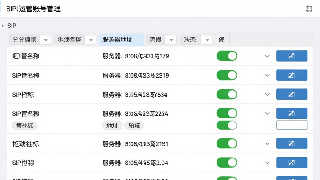一张SIP运管软件账号管理界面的预览图,画面展示多个SIP账号列表,每个账号显示名称、服务器地址、状态开关,支持分组标签筛选,界面采用浅色商务风格,表格行清晰,右侧有编辑按钮,整体排版规整,画质干净,无多余元素