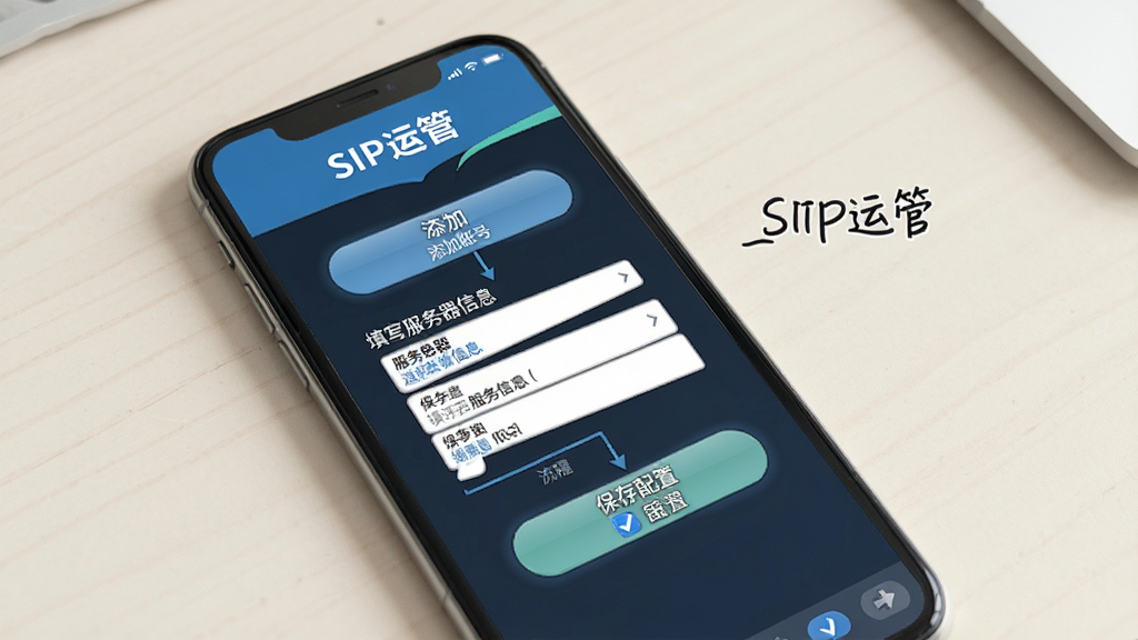 一张SIP运管软件使用教程的插图,画面展示手机屏幕上的操作步骤,包括点击添加账号、填写服务器信息、保存配置的流程,背景为简洁的浅色桌面,手机屏幕内容清晰可见,标注有“SIP运管”字样,画质干净,无多余元素