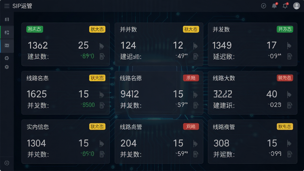 一张SIP运管软件实时监控界面的预览图,画面展示多个SIP线路的状态卡片,绿色黄色红色状态标签清晰可见,每个卡片显示线路名称、并发数和延迟数据,背景为深色科技感界面,排版整齐,细节丰富,画质干净,无多余元素