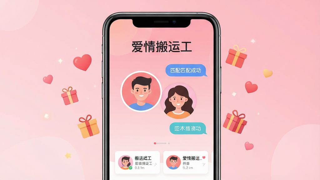 ���壺������˹�APP����չʾ���ֻ���Ļ����ʾһ������ͷ��ƥ��ɹ�����Χ�а��ĺ�����ͼ��Ư�������֣��ֻ����У���Ļ��������������Ϊ��ͽ����ɫϵ���Ű棺��������ͻ��APP���ơ�������˹�������������ִ���ƽ����ƣ�ɫ��������ܰ��ϸ�ڣ�����Ԫ�ذ���ƥ�䰴ť���������ݡ��û����Ͽ�Ƭ�����ʸ���ɾ����޶���Ԫ�ء�