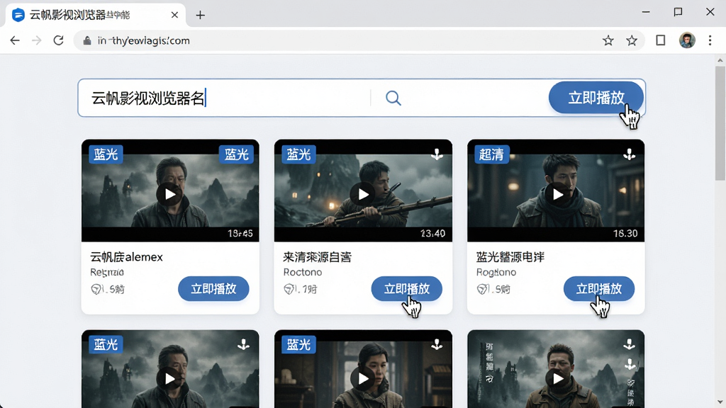 主体:一张云帆影视浏览器智能搜索功能的使用界面截图。布局:画面中央是浏览器的搜索框,输入影片名后,下方以卡片式布局平铺展示来自不同站点的多个播放源结果,每个卡片上显示清晰度标签如“蓝光”、“超清”。排版:搜索结果采用瀑布流布局,清晰明了。风格:写实UI设计,界面清晰,色彩柔和。细节:搜索框内有关键词,结果卡片上有视频缩略图、来源网站名称和播放按钮,鼠标指针正在点击其中一个“立即播放”按钮。画质:4K高清水准,干净,无多余元素。