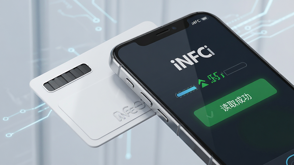 һ����д��ͷ�µ�NFC��д����ʾ��ͼ�������������ֻ���������һ�Ű�ɫ�Ž������ֻ���Ļ��ʾiNFCi���ڶ�ȡ��Ƭ���ݵĽ��Ƚ��棬������С���ȡ�ɹ�������ɫ��ʾ�������������������Ƽ��У�ϸ�ڵ�λ�����������ɾ�