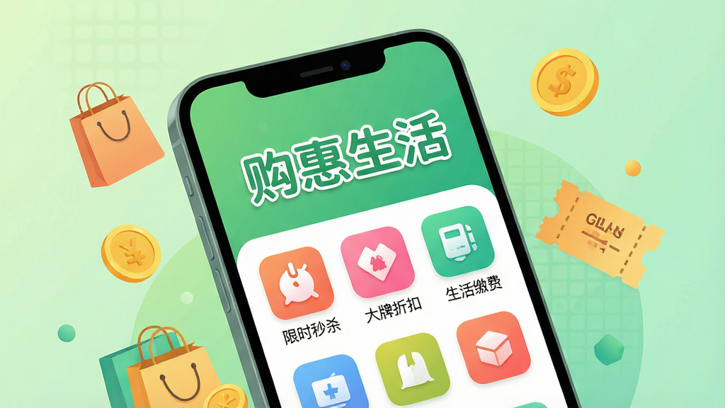 主体:智能手机屏幕展示“购惠生活”APP界面,界面风格清新明亮,主色调为绿色与白色,屏幕中央显示“购惠生活”四个大字,下方排列着“限时秒杀”、“大牌折扣”、“生活缴费”等彩色功能图标。布局:手机位于画面中心,略微倾斜,背景为柔和的渐变浅绿色,周围点缀着购物袋、金币、优惠券等小元素。排版:手机屏幕内容清晰可见,功能图标排列整齐有序,整体视觉重心集中在手机屏幕。风格:扁平化插画风,现代感强,色彩明快,干净无杂物。细节:手机屏幕上的文字“购惠生活”使用圆润字体,图标下方有对应中文标签,背景带有细微的网格纹理。画质:高清晰度,8k分辨率,整体画面干净,无多余元素。