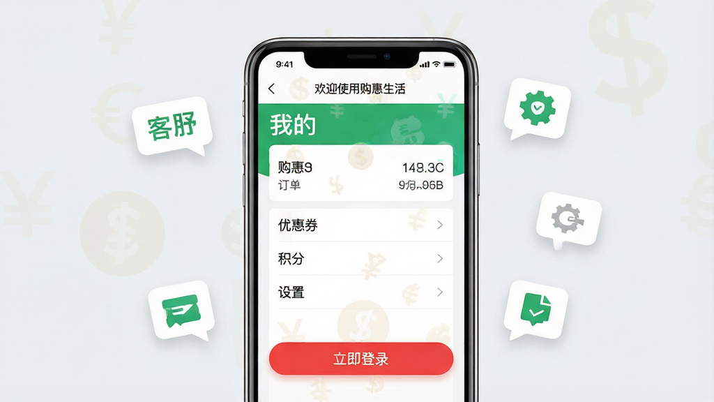 主体:手机屏幕展示“购惠生活”的“我的”页面,页面包含订单、优惠券、积分、设置等选项,下方有一个红色按钮“立即登录”。布局:手机居中,背景为淡灰色,周围有悬浮的客服气泡、设置齿轮等图标。排版:页面元素垂直排列,清晰明了,按钮突出。风格:简洁商务风,色彩以白绿为主。细节:屏幕顶部显示“欢迎使用购惠生活”,背景有淡淡的货币符号水印。画质:高清,干净无杂物。