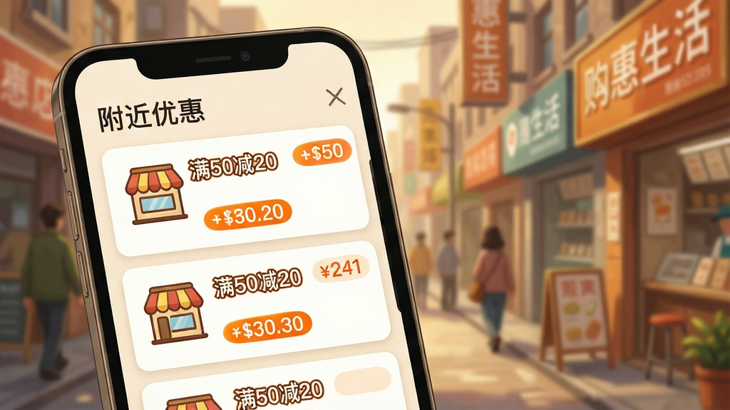 主体:城市街道场景,手机屏幕放大显示“购惠生活”周边商户列表,每个商户旁有距离与折扣标签。布局:前景为手机屏幕特写,背景为模糊的街景与店铺招牌,色彩温暖。排版:手机屏幕上的商户列表以卡片形式排列,折扣信息用橙色高亮。风格:写实与插画结合,生活气息浓厚。细节:屏幕顶部显示“附近优惠”字样,店铺图标有“满50减20”等小标签。画质:高清细腻,画面干净,无多余元素。