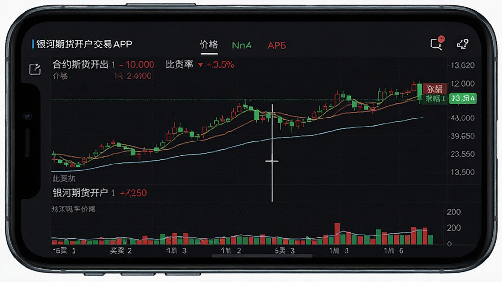 主体:银河期货开户交易APP的行情页面,手机屏幕显示分时图和K线图,背景为深色主题,数据用红绿色显示。布局:图表占据屏幕主要区域,上方有合约名称和价格,下方有买卖五档。排版:数据密集但有序,重点突出涨跌幅。风格:专业、暗色系、金融风。细节:均线、成交量柱状图、十字光标,画质高清,无多余元素。