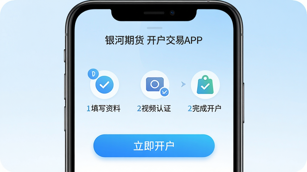 主体:银河期货开户交易APP的开户流程界面,手机屏幕显示“填写资料”、“视频认证”、“完成开户”步骤图标,背景为浅蓝色渐变。布局:手机居中,步骤图标横向排列,下方有“立即开户”按钮。排版:分区明确,文字清晰。风格:清新、简洁、引导性强。细节:每个步骤图标有对勾或数字标记,按钮高亮,画质干净,无多余元素。