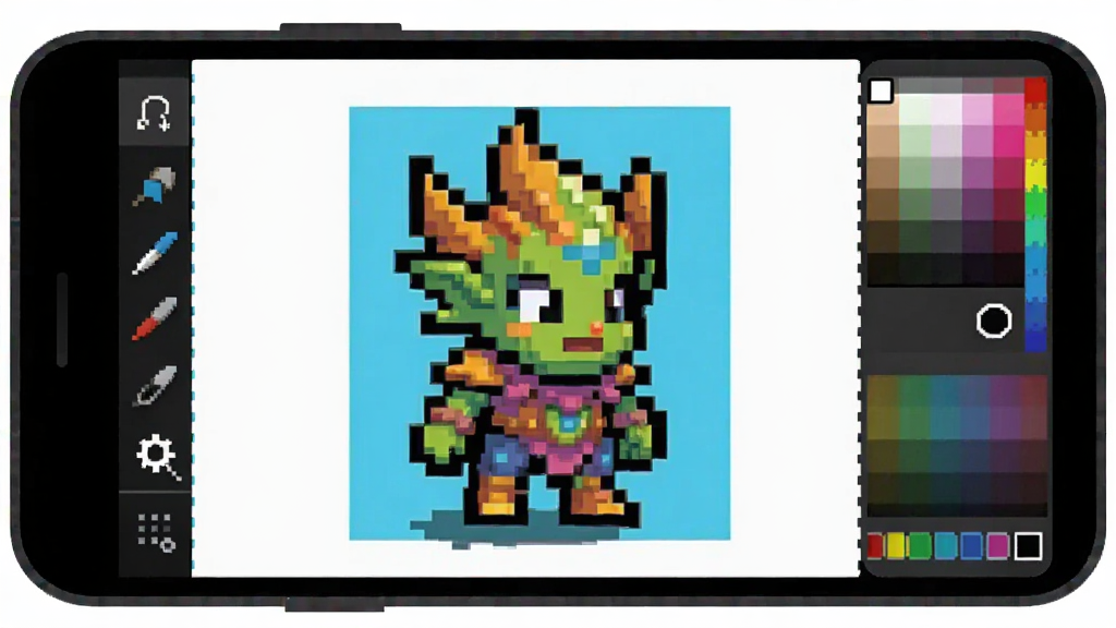 һ��չʾPixel���ذ�������ĸ������ֲ�ͼ������Ϊ�ֻ���Ļ�ڵĻ滭�༭���棬�����ǷŴ�����ػ��������Ϊ���������Ҳ�Ϊ��ɫѡ��������������һ�����Ʒ���ؾ����ɫ��ɫ�����ޣ�������������ƽ�����ϸ�ڷḻ�����ʸɾ����޶���Ԫ��