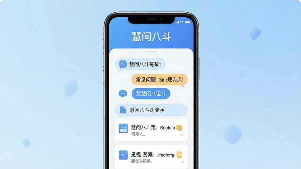 一张展示慧问八斗应用核心功能的预览图,画面主体为一部智能手机,屏幕中显示慧问八斗的问答界面,上方有“慧问八斗”品牌字样,下方列出几个常见问题气泡和答案卡片。布局采用居中构图,背景为浅蓝色渐变,风格扁平化,细节包括简洁的图标和流畅的线条,画质清晰干净,无多余元素。