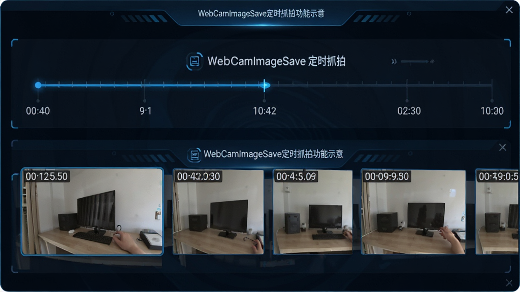 主体:WebCamImageSave定时抓拍功能示意,画面中显示时间轴与多个缩略图帧。布局:上方为时间轴设置条,下方为连续抓拍的画面缩略图列表。排版:按时间顺序排列,清晰展示抓拍节奏。风格:科技感界面,深色背景配蓝色高亮。细节:缩略图左上角标注时间戳,中间显示“WebCamImageSave 定时抓拍”文字。画质:干净,无多余元素。