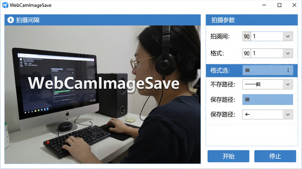 主体:WebCamImageSave软件主界面,显示摄像头预览窗口与拍摄参数设置面板。布局:左侧为实时视频预览区域,右侧为拍摄间隔、格式选择、保存路径等控制选项,底部有开始/停止按钮。排版:界面简洁清晰,中文标注各功能区域。风格:现代扁平化设计,蓝白配色。细节:预览画面中显示一名用户正在使用电脑摄像头,屏幕上叠加“WebCamImageSave”字样。画质:高清,干净,无多余元素。