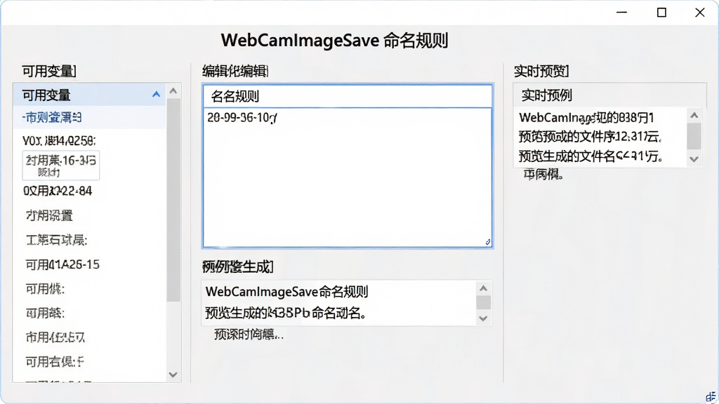主体:WebCamImageSave文件命名设置界面。布局:中央为命名规则编辑框,下方预览生成的文件名示例。排版:左侧为可用变量列表,右侧为实时预览。风格:清爽简洁,浅色背景。细节:示例文件名包含日期时间序号,编辑框上方有“WebCamImageSave 命名规则”标题。画质:高清,干净。
