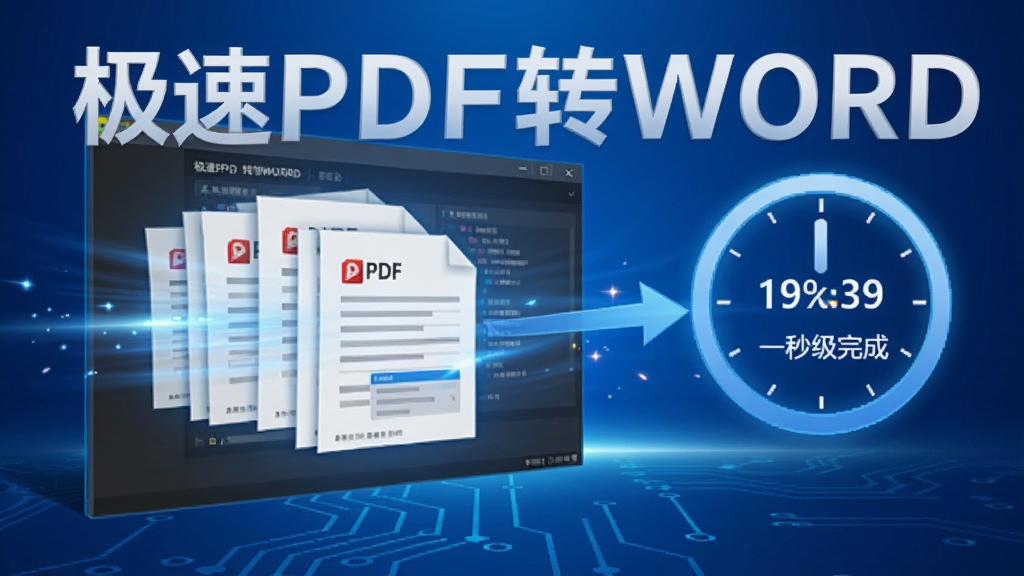 极速PDF转WORD软件高速转换场景,多份文档同时处理,时间轴图标显示秒级完成,画面动感,突出“极速”特点,背景为科技蓝,软件名称水印“极速PDF转WORD”,干净无多余元素