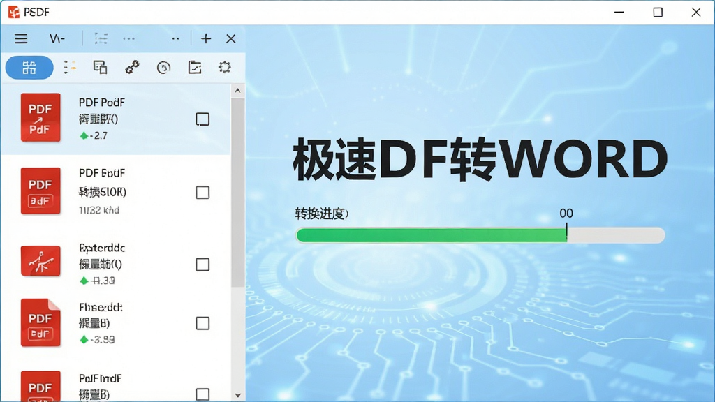 主视觉展示,极速PDF转WORD软件界面,左侧为PDF文件列表,右侧为转换进度条,背景为浅蓝色科技感渐变,整体布局清晰明亮,突出软件名称“极速PDF转WORD”,现代扁平化设计风格,画质干净无多余元素