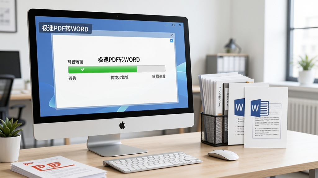 极速PDF转WORD软件使用场景,电脑屏幕显示转换进度,桌面上摆放多份PDF和Word文档,办公环境明亮整洁,软件名称“极速PDF转WORD”出现在屏幕一角,写实风格,画质清晰