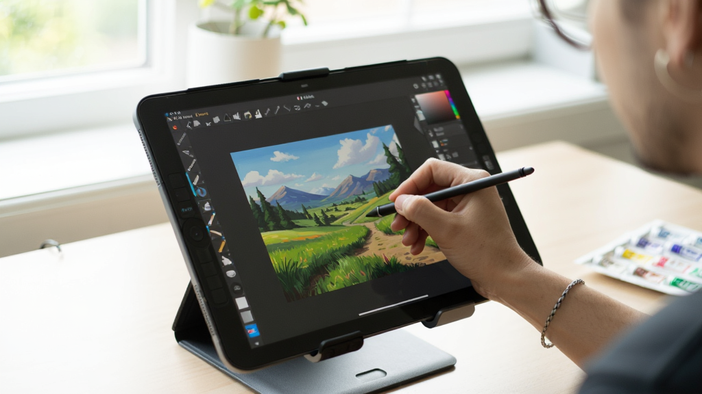 һ��Krita������ƽ����������е�ʵ����Ƭ����������������ʹ�ô��ر�����Ļ�ϻ���һ���羰����ƽ�屻�̶���֧���ϣ���Χ����������������ʾKrita�Ļ滭���棬������������ͼ��Ȼ���޶���Ԫ��