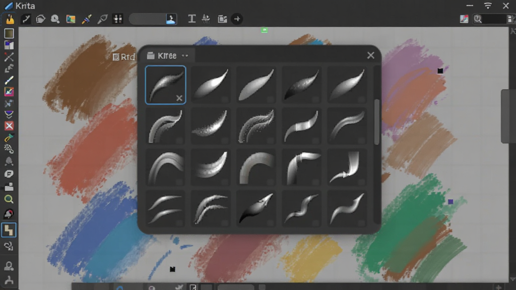 һ����дKrita������ˢѡ��������Ľ�ͼ����������չʾ���ֲ�ͬ���͵ı�ˢͼ�꣬�����ǰ�͸���Ļ�����������������ͬ�ʸ�����ɫ�ıʴ��ۼ������������ִ���ϸ�ڷḻ�������������޶���Ԫ��