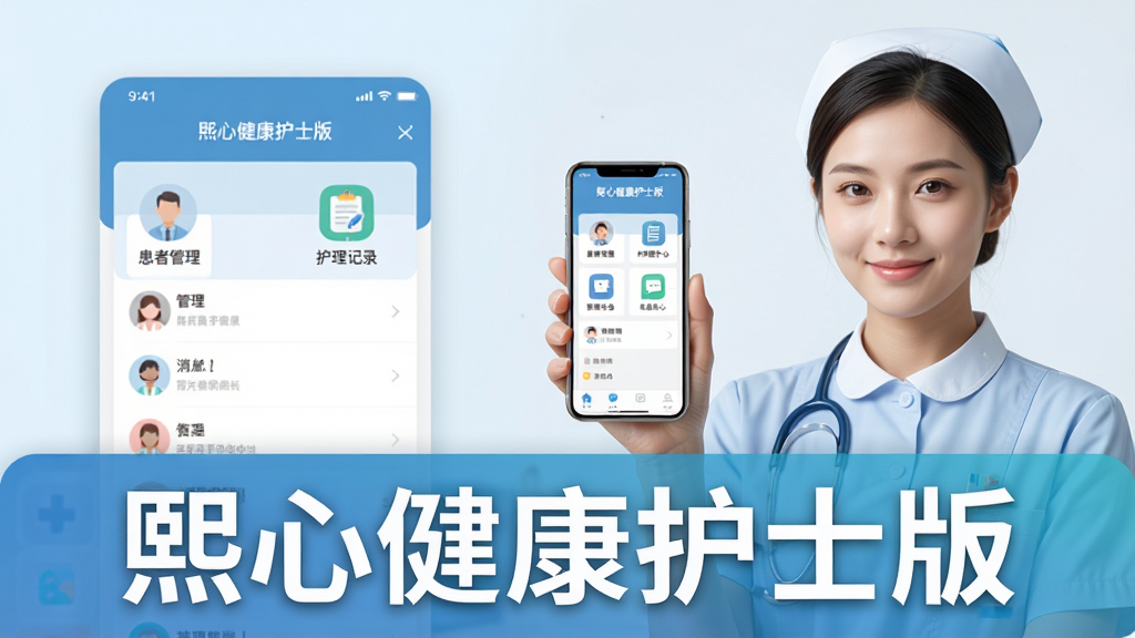 主体:一位穿着整洁护士服的年轻女性护士,手持智能手机,屏幕清晰显示“熙心健康护士版”应用界面,界面中有患者列表和护理任务图标;布局:人物位于画面右侧三分之一处,左侧留白用于放置应用界面截图样式的视觉元素,整体呈横向构图;排版:画面下方三分之一处加入一条渐变色横幅,上面用白色粗体字写着“熙心健康护士版”;风格:写实风格结合轻度扁平化UI元素,色彩以淡蓝色和白色为主,营造干净、专业的医疗氛围;细节:手机屏幕上的界面元素清晰可辨,包括“患者管理”、“护理记录”、“消息中心”等图标,人物表情温和自信;画质:高清渲染,细节丰富,画面干净,无多余杂物,无阴影过重或曝光过度。
