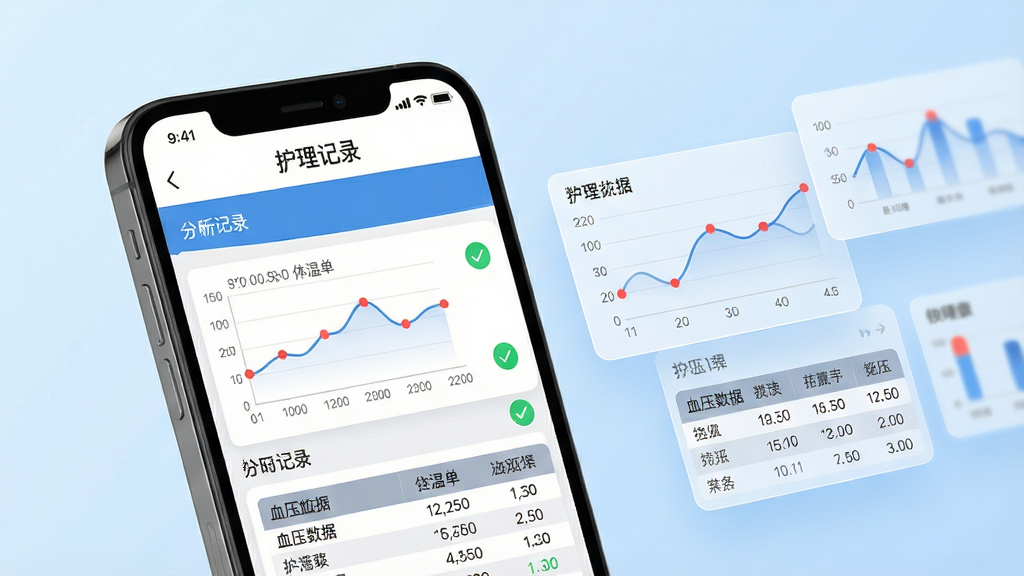 主体:手机屏幕特写,屏幕显示“熙心健康护士版”的护理记录界面,界面上有清晰的体温单折线图和血压数据表格;布局:手机位于画面中央偏左,右侧悬浮着几个半透明的数据图表卡片,背景为柔和的浅蓝色渐变;排版:界面顶部有白色标题栏,写着“护理记录”,下方为分时段记录列表,每条记录右侧有绿色对勾标记;风格:真实手机界面与抽象数据可视化元素结合,风格现代简洁,色彩以蓝白灰为主;细节:屏幕上的文字和数字清晰可读,折线图线条平滑,数据点用红色小圆点标注,整体画面明亮干净;画质:超清画质,无噪点,无多余元素,背景纯净。