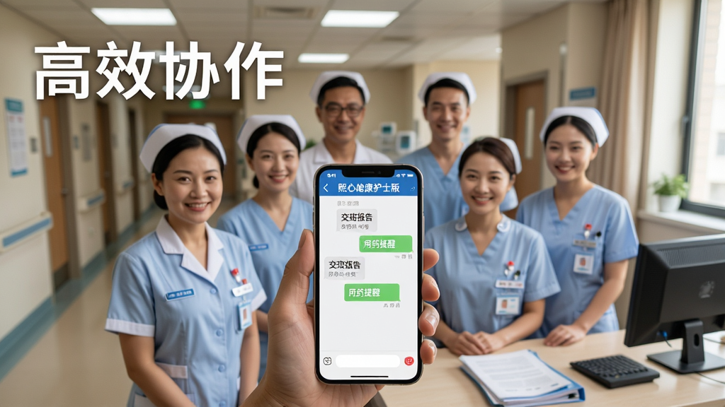 主体:一群穿着护士服的医护人员在护士站内,其中一人手持手机,屏幕显示“熙心健康护士版”的聊天群组界面,界面中有“交班报告”、“用药提醒”等文字气泡;布局:人物位于画面中下方,手机屏幕朝向镜头,背景为医院走廊和护士站,整体纵向构图;排版:画面左上角用白色艺术字写着“高效协作”,右下角为护士站桌面上的电脑和文件;风格:写实摄影风格,自然光线,色彩真实温暖,突出团队协作氛围;细节:手机屏幕上的聊天记录清晰可读,每位护士的胸牌和表情自然,背景环境整洁明亮;画质:高清晰度,细节丰富,画面干净,无多余元素。