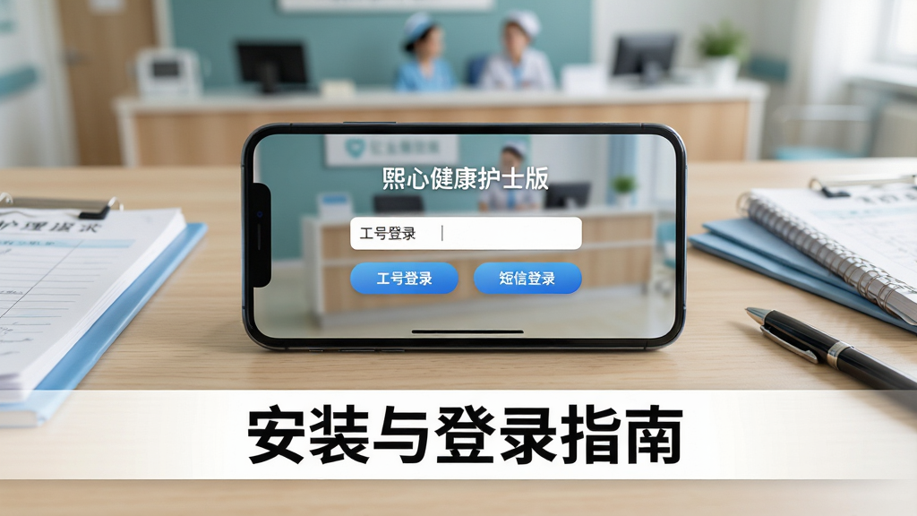 主体:一部智能手机横屏放置在桌面上,屏幕显示“熙心健康护士版”的登录界面,界面中有“工号登录”和“短信登录”两个按钮,背景为模糊的医院护士站;布局:手机位于画面中央,周围散落着几本护理记录本和一支签字笔,桌面为浅木色;排版:画面下方三分之一处有白色文字条幅,写着“安装与登录指南”;风格:写实摄影风格,光线柔和,色彩自然,突出实用场景;细节:手机屏幕上的文字清晰可读,登录按钮为蓝色渐变,桌面上的物品摆放整齐;画质:高清画质,画面干净,无多余杂物。