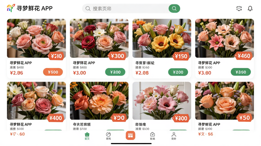 主体:寻梦鲜花APP的采购页面,展示多种鲜花列表,有价格标签。布局:列表式排列,顶部搜索栏,底部导航。排版:信息清晰,图片与文字结合。风格:电商风格,明亮通透。细节:花瓣鲜艳,价格醒目,按钮明显。画质:高清,干净,无多余元素。