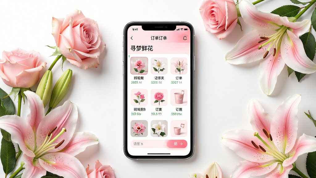 主体:寻梦鲜花APP界面展示,手机屏幕中显示鲜花分类与订单页面,周围点缀玫瑰、百合等鲜花元素。布局:手机居中,鲜花环绕,上下留白,界面清晰。排版:简洁现代,图标与文字搭配合理。风格:清新自然,色调柔和,以粉白绿为主。细节:花瓣纹理清晰,屏幕内容可辨,高光质感。画质:超清,干净,无多余元素。