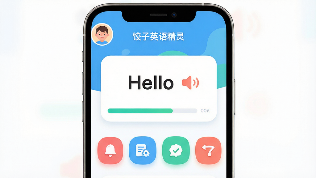 主体:一款名为“饺子英语精灵”的英语学习手机应用界面,展示主屏幕功能模块。布局:屏幕中央显示单词卡片,下方有四个功能按钮,左上角有用户头像。排版:现代扁平化设计,模块整齐排列,色彩明快。风格:清新简洁,适合年轻用户,界面元素圆润。细节:单词卡片上写着“Hello”,旁边有发音图标,底部进度条显示学习进度。画质:高清渲染,干净无多余元素。