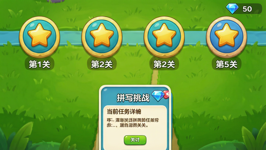 主体:饺子英语精灵应用中的闯关地图界面。布局:地图上分布着多个关卡节点,每个节点有星星图标,底部为当前关卡卡片。排版:横向滚动地图,节点用圆形图标,关卡卡片显示任务详情。风格:游戏化风格,色彩鲜艳,背景为绿色草地。细节:关卡节点标注“第1关”、“第2关”,当前关卡卡片显示“拼写挑战”,右上角有钻石数量。画质:高清渲染,干净无多余元素。