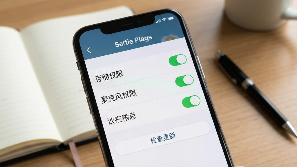 主体:饺子英语精灵应用在手机上的使用场景,展示设置界面。布局:手机屏幕占据画面主体,设置列表显示“存储权限”、“麦克风权限”等选项。排版:列表式布局,每个选项旁有开关图标。风格:写实风格,背景为书桌,有笔记本和笔。细节:屏幕中显示“存储权限”开关为绿色,下方有“检查更新”按钮。画质:高清实拍感,干净无多余元素。