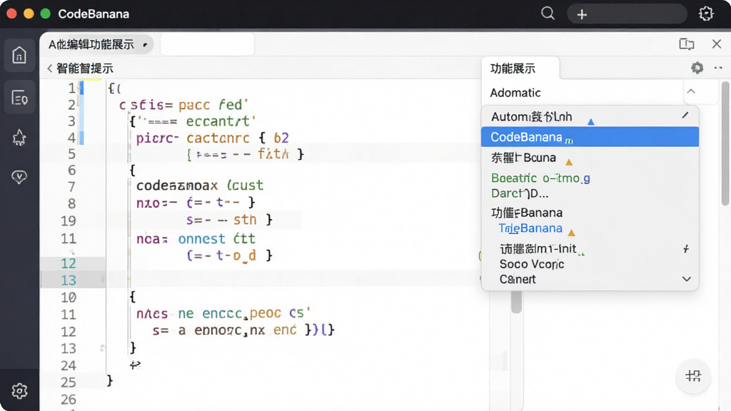 CodeBanana���ܱ༭������չʾͼ����������Ϊ����༭���ڣ���ʾ���в�ɫ���룬�Ա����Զ���ȫ�ĺ�ѡ�б�������������ͻ��������ʾ���ܣ�������ִ������ʸ��壬�ɾ������