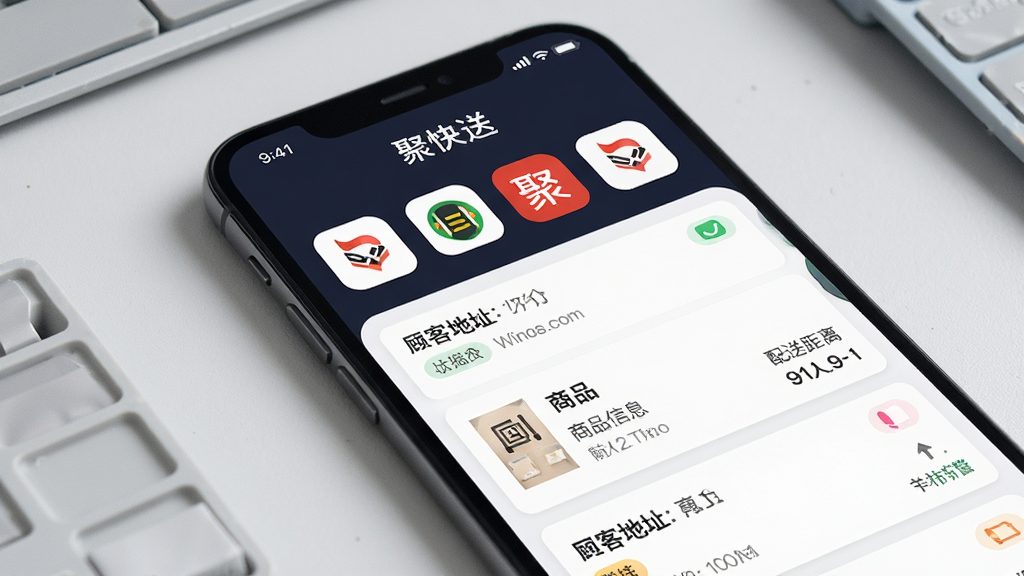 展示聚快送APP的订单聚合界面,手机屏幕内并排显示多个平台logo图标,下方是整齐的订单卡片列表,每张卡片包含顾客地址、商品信息、配送距离,背景为淡灰色工作台,顶部有“聚快送”品牌字样,布局清晰,风格简洁商务,细节包括状态标签和颜色区分,画质干净,无多余元素