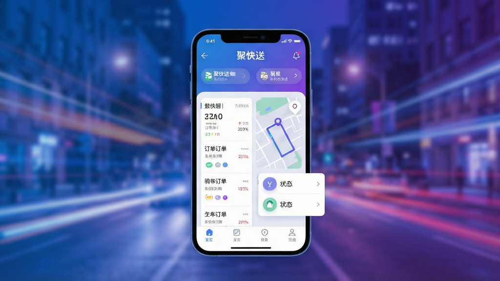 一幅现代科技感的产品主视觉图,画面中央是手机屏幕展示“聚快送”商家端界面,包含订单列表、地图轨迹、骑手状态卡片,背景为城市街道模糊光影,蓝紫渐变主色调,布局清晰,排版有层次,风格扁平化结合3D元素,细节丰富,画质高清干净,无多余元素,屏幕内文字清晰标注“聚快送”