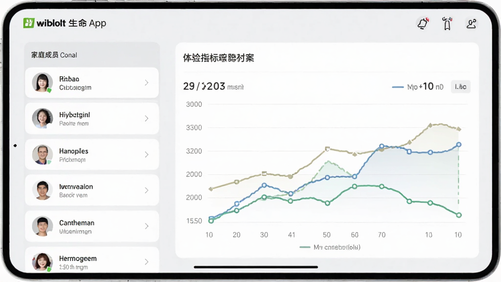 展示西数生命App的健康档案界面,界面左侧为家庭成员列表,右侧显示详细的体检指标折线图,背景为浅灰色,卡片式布局,风格简约,画质清晰,干净无多余元素