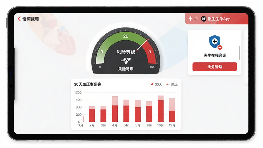 展示西数生命App的慢病管理界面,界面中央为风险等级仪表盘,下方为近30天血压变化柱状图,右侧有医生在线咨询入口,整体以白色为底,红色点缀,风格专业,画质高清,干净无多余元素