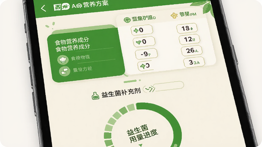 展示西数生命App的营养方案页面,页面上方为食物营养成分表,下方为益生菌补充剂的用量进度环,配色以绿色和米色为主,图标扁平化,排版清晰,画质细腻,干净无多余元素
