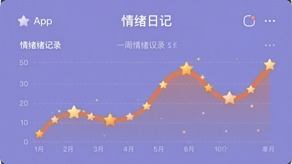 һ��ͼ������ͼƬ����������������App��������¼ҳ�棬չʾһ�ܵ��������ߣ����������ǵ�׺�������������Ե���ɫΪ����ɫ�������ó�ɫ������������ִ���ϸ�����������ʸɾ����޶���Ԫ�ء�ͼƬ����ʾ���֡������ռǡ���
