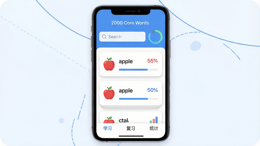 һ��չʾ��2000 Core Words��Ӧ��������ĸ������ֲ廭������Ϊ�ֻ���Ļռ�ݻ������룬��Ļ����ʾ���ʿ�Ƭ�б�����Ƭ���е��ʡ�apple�����ƻ��ͼ�꣬������������ͽ��Ȼ����ײ��С�ѧϰ��������ϰ������ͳ�ơ�������ǩ�������ֲ��þ��жԳƣ��Ű����������Ϊ��ƽ���ִ�UI��ƣ�ɫ��������Ϊ����ϸ�ڰ���Բ�ǿ�Ƭ��Ӱ���������ٷֱ����֣����������ɾ����޶���Ԫ�ء�
