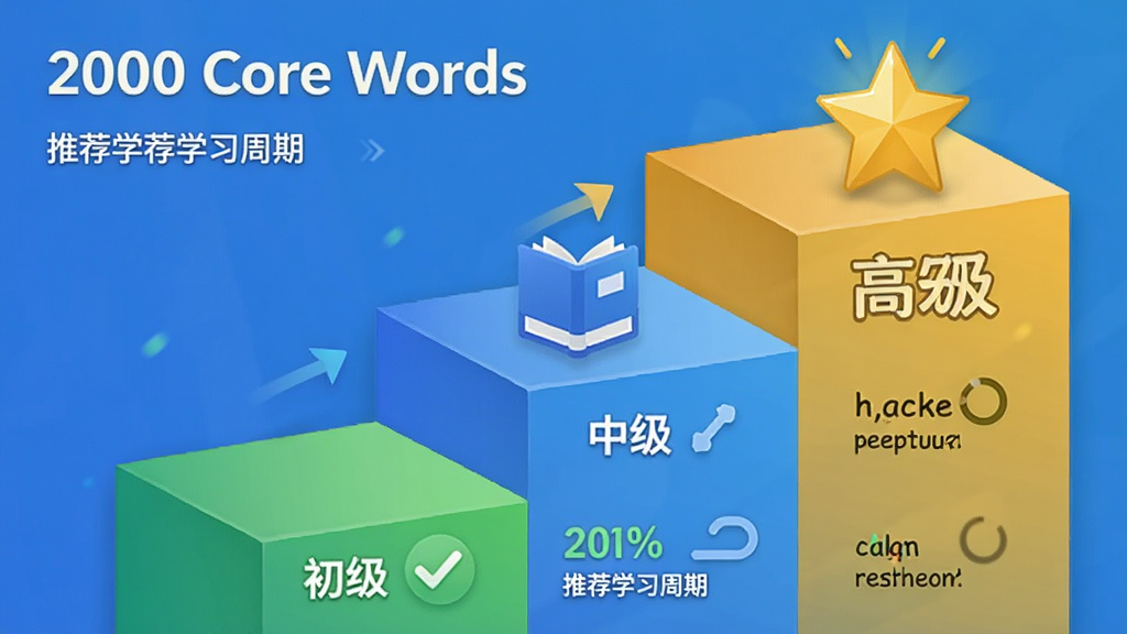 һ��չʾ��2000 Core Words���ʿ�ּ�����Ĳ廭������Ϊ�������ʽ�ṹͼ����ײ�ꡰ����������ɫ�Թ����в�ꡰ�м�������ɫ�鱾������ꡰ�߼����н�ɫ���ǣ�ÿ���Ա��е���ʾ�������ִ����µ����ϵݽ����Ű��η��������Ϊ�����Ƽ��У�ɫ�ʽ��䣬ϸ�ڰ���ÿ����ȰٷֱȺ��Ƽ�ѧϰ���ڣ����������ɾ����޶���Ԫ�ء�