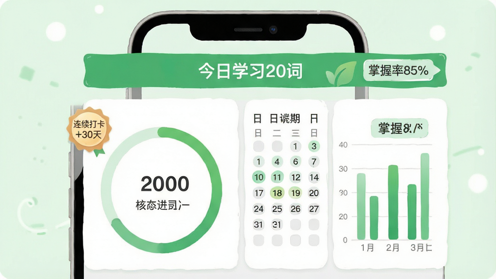 һ��չʾ��2000 Core Words��ѧϰ����ͳ�ƽ���Ĳ廭������Ϊ�ֻ���Ļ����Ļ����ʾ���ν���ͼ�������򿨱�����״ͼ�������С�����ѧϰ20�ʡ�����ɫ���������Ϊ���·������Ű��࣬���Ϊ��ˬ�����ݿ��ӻ���ɫ����ǳ�̺Ͱ�ɫΪ����ϸ�ڰ�����������30�족���º͡�������85%����ǩ�����������ɾ����޶���Ԫ�ء�