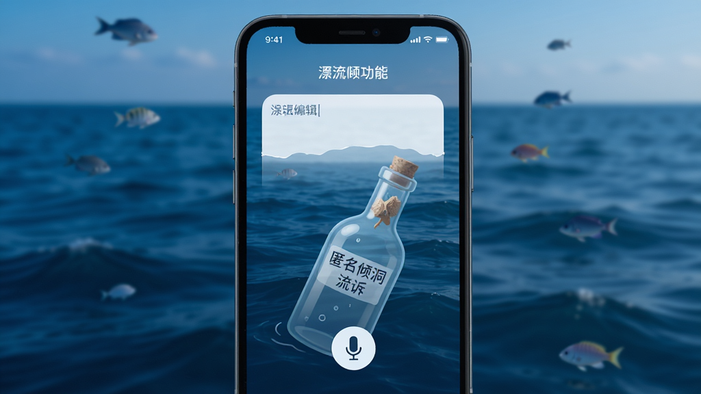 瓶洞树洞漂流瓶匿名倾诉功能界面,手机屏幕展示一个正在编辑漂流瓶的页面,背景是深蓝色海洋,中央有输入框和麦克风图标,瓶身写着“匿名倾诉”字样,界面设计简洁,色调宁静,突出隐私保护氛围,高清画质,无多余元素