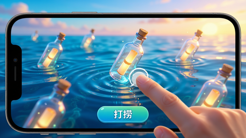瓶洞树洞漂流瓶随机漂流功能界面,手机屏幕展示一片广阔的海域,海面上漂浮着多个发光的漂流瓶,其中一个瓶子被手指点击,激起一圈圈涟漪,屏幕下方有“打捞”按钮,整体画面生动活泼,色彩明亮,突出随机邂逅的惊喜感,高清画质,无多余元素