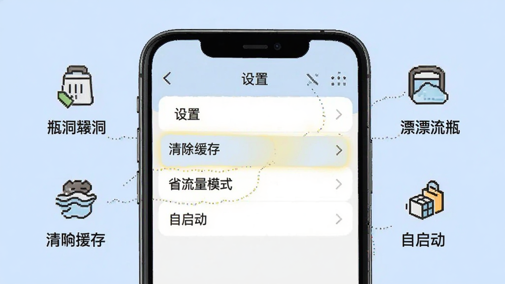瓶洞树洞漂流瓶使用技巧示意图,手机屏幕展示设置界面,高亮显示“清除缓存”、“省流量模式”、“自启动”等选项,背景为浅蓝色,配以简洁的图标和文字说明,画质清晰,风格实用,无多余元素