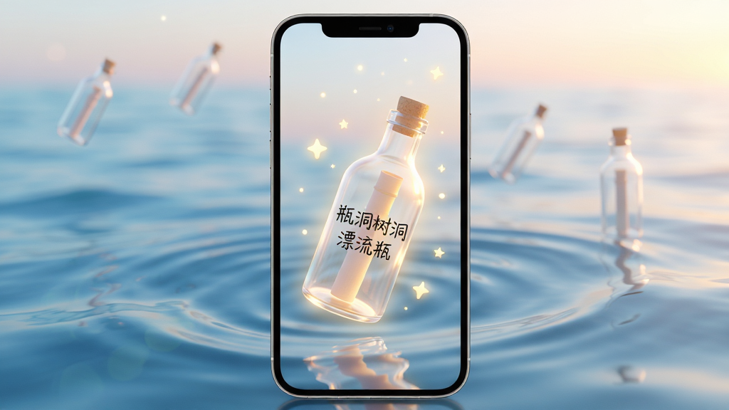 瓶洞树洞漂流瓶应用主界面预览图,手机屏幕展示色彩柔和的漂流瓶动画与海面波纹背景,界面简洁干净,中央有一个发光的玻璃漂流瓶,瓶身写着“瓶洞树洞漂流瓶”字样,周围漂浮着星星点点的光斑,整体风格温馨治愈,高清渲染,画质细腻,无多余元素